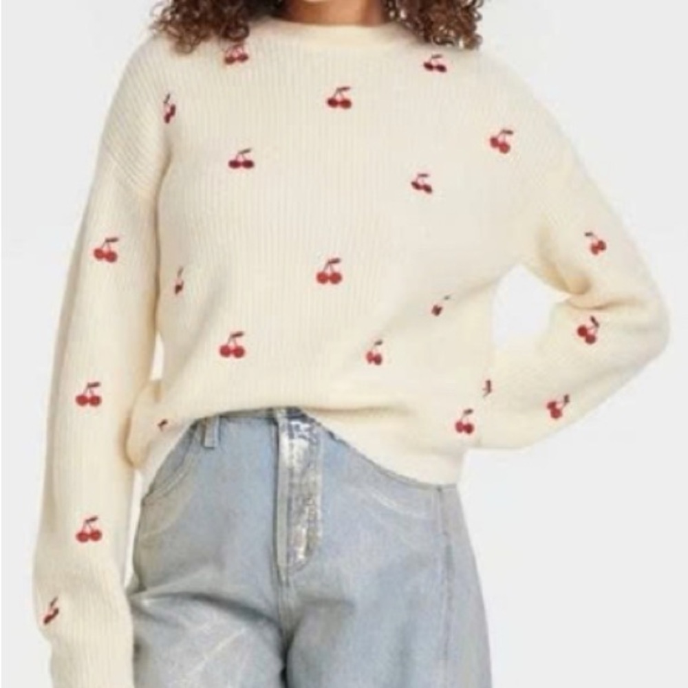 Cream Cherry-Embroidered Knit Sweater